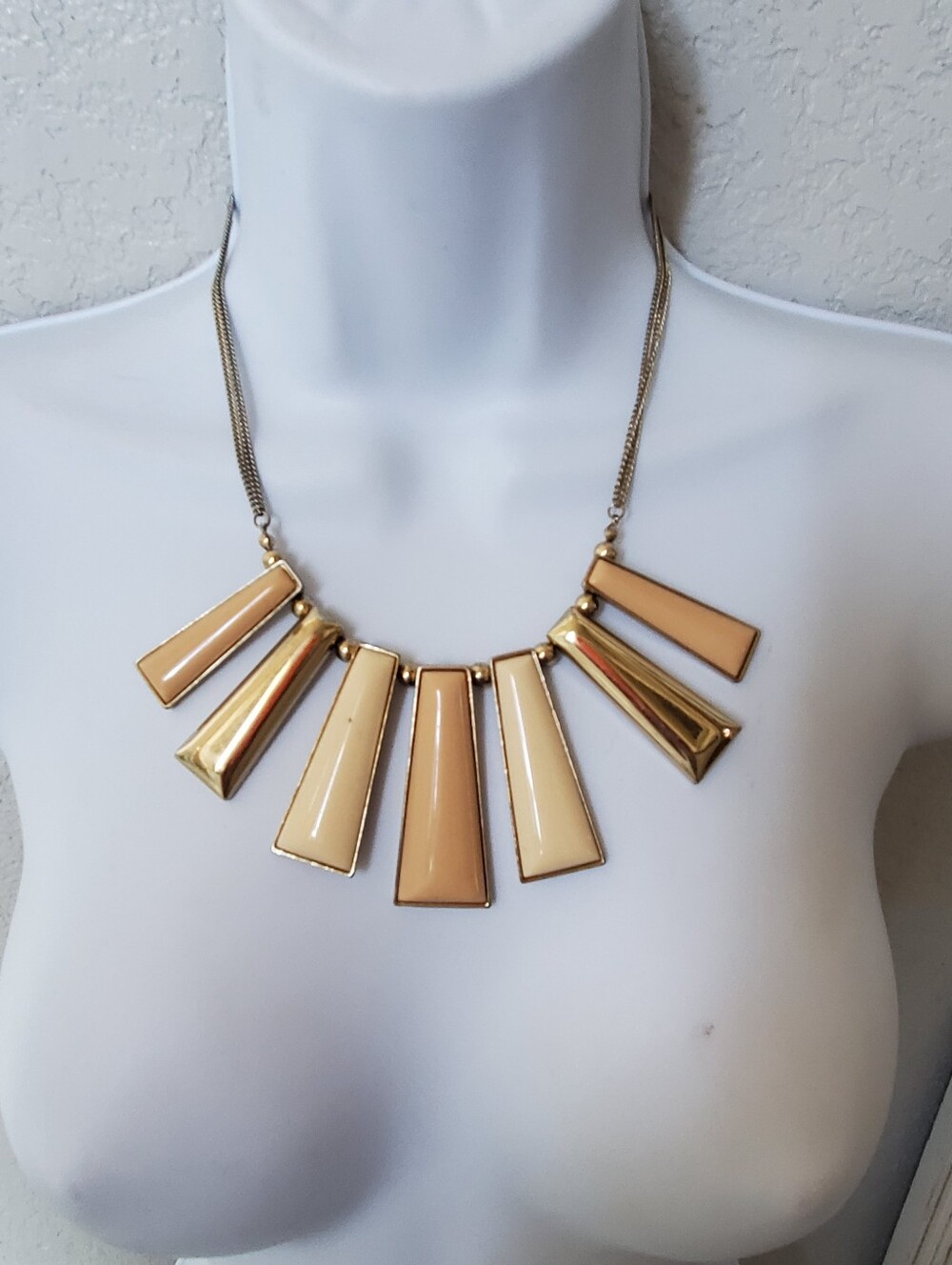 ZARA Gold Toned Beige Statement Bib Necklace - Art Deco Vintage Style
